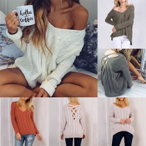 Sexy Crossover Backless Long Sleeve V-neck High-low Hem Sweater