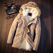 Fashion Solid Color Long Sleeve Faux Fur Spliced Hooded Men's Overcoat
