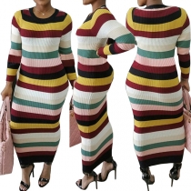 Fashion Long Sleeve Round Neck Slim Fit Colorful Striped Dress