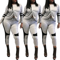 Fashion Contrast Color Long Sleeve Slit Pants Length Top + Pants Two-piece Set