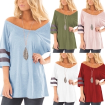 Fashion Contrast Color Half Sleeve V-neck Loose T-shirt
