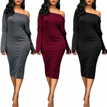 Sexy Oblique Shoulder Long Sleeve Solid Color Slim Fit Dress