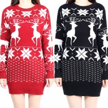 Fashion Snowflake Elk Pattern Long Sleeve Round Neck Sweater Dress