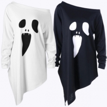 Fashion Long Sleeve Oblique Shoulder Irregular Hem Printed T-shirt