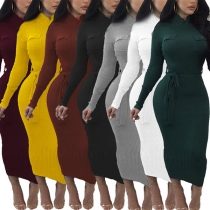 Elegant Solid Color Long Sleeve Slim Fit Tight Dress