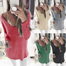 Sexy V-neck Long Sleeve Solid Color Knit Top 