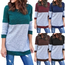 Fashion Contrast Color Long Sleeve Round Neck Pullover Sweater