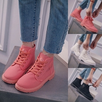 Fashion Solid Color Flat Heel Round Toe Lace-up High-top Canvas Shoes