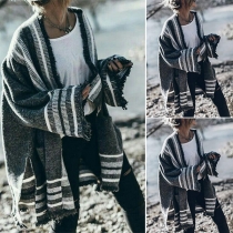 Fashion Contrast Color Long Sleeve Slit Hem Knit Cardigan 