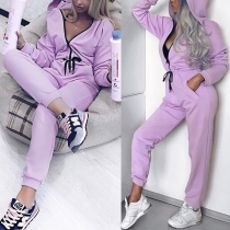 Fashion Solid Color Long Sleeve Elastic Waist Hooded Jumpsuit
