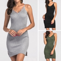 Sexy Backless Lace Spliced V-neck Slit Hem Slim Fit Sling Knit Dress