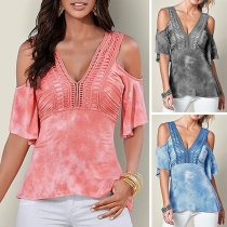 Sexy Off-shoulder Lotus Sleeve V-neck Tie-dye Printed T-shirt