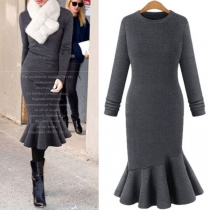 Elegant Solid Color Long Sleeve Fishtail Hem Slim Fit Dress