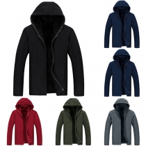 Fashion Solid Color Long Sleeve Hooded Plush Lining Men's Coat