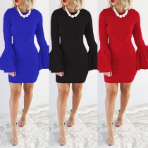 Elegant Solid Color Lotus Sleeve Round Neck Slim Fit Dress