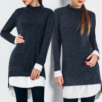 Fashion Contrast Color Spliced Long Sleeve Round Neck Pullover Sweater