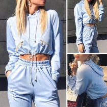 Fashion Solid Color Long Sleeve Hooded Crop Top + High Waist Pants Two-piece Set 