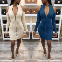 Sexy Off-shoulder Long Sleeve Stand Collar Slim Fit Knit Dress