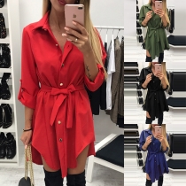 Fashion Solid Color Long Sleeve Single-breasted Irregular Hem Shirt Dress