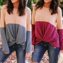 Fashion Contrast Color Long Sleeve Round Neck Twisted Hem T-shirt