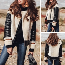 Fashion Contrast Color PU Leather Spliced Long Sleeve Faux Fur Coat