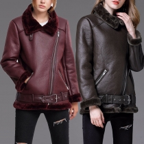Punk Style Faux Fur Spliced Long Sleeve Oblique Zipper PU Leather Coat