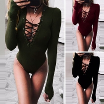 Sexy Hollow Out Lace-up Deep V-neck Long Sleeve Solid Color Bodysuit