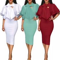 Elegant Solid Color Lotus Sleeve Slim Fit Party Dress