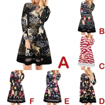Fashion Long Sleeve Round Neck Gauze Spliced Hem Printed Dress