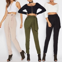 Fashion Solid Color High Waist Pencil Pants with Waist Strap