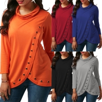 Fashion Solid Color Long Sleeve Heaps Collar Irregular Hem T-shirt 