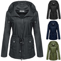 Fashion Solid Color Long Sleeve Drawstring Waist Hooded Coat