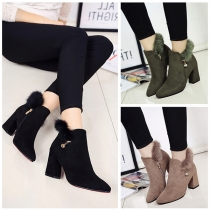 Fashion Thick Heel Pointed Toe Faux Fur Spliced Ankle Boots
