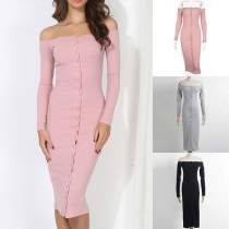 Sexy Off-shoulder Boat Neck Long Sleeve Single-breasted Knit Dress