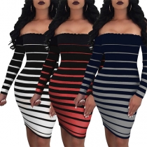 Sexy Off-shoulder Boat Neck Long Sleeve Slim Fit Striped Dress