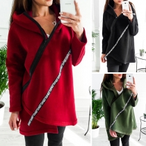 Fashion Solid Color Long Sleeve Oblique Zipper Hooded Sweatshirt Coat
