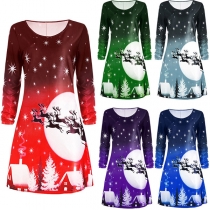 Fashion Long Sleeve Round Neck Printed Christmas Dress