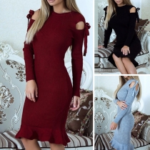 Sexy Off-shoulder Long Sleeve Ruffle Hem Solid Color Slim Fit Dress