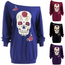 Sexy Oblique Shoulder Long Sleeve Skull Head Printed T-shirt