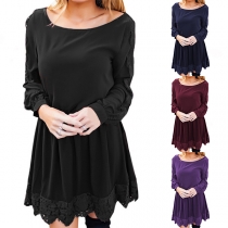 Fashion Solid Color Long Sleeve Round Neck Lace Spliced Hem Dress