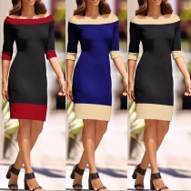 Sexy Off-shoulder Boat Neck Half Sleeve Contrast Color Dress