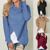 Fashion Solid Color Long Sleeve Heaps Collar Irregular Hem Sweater