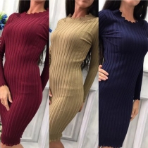 Fashion Solid Color Long Sleeve Round Neck Slim Fit Knit Dress
