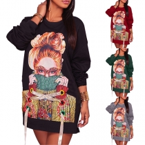 Fashion Long Sleeve Round Neck Printed Sweatshirt Dress