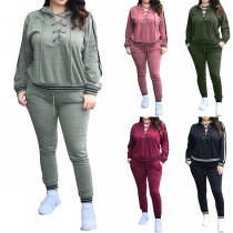 Fashion Solid Color Lace-up V-neck Hoodie + Pants Casual Two-piece Set