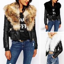 Fashion Faux Fur Collar Long Sleeve Slim Fit PU Leather Jacket