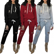Fashion Solid Color Ripped Hoodie + Sports Pants Two-piece Set