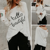 Sexy Oblique Shoulder Long Sleeve Letters Printed Knit Top
