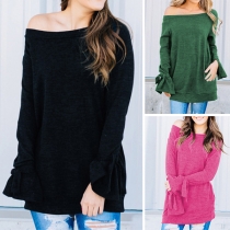 Sexy Off-shoulder Boat Neck Long Sleeve Solid Color Loose T-shirt