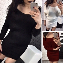 Sexy V-neck Dolman Sleeve Solid Color Slim Fit Knit Dress